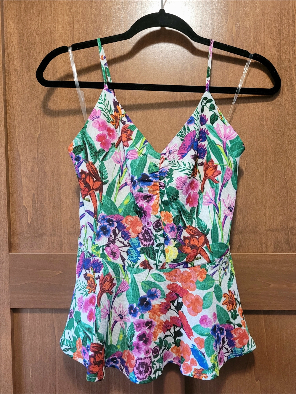 Floral V-Neck Peplum Tank Top - Multicolor, Sz L
